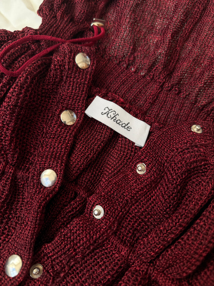 Khade Studio Red Spring Jacket, front neck and label detail