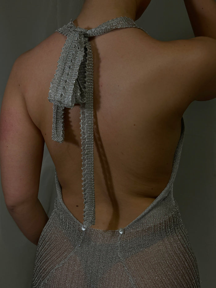 Khade Studio Silver Jiya Dress, model back strap detail